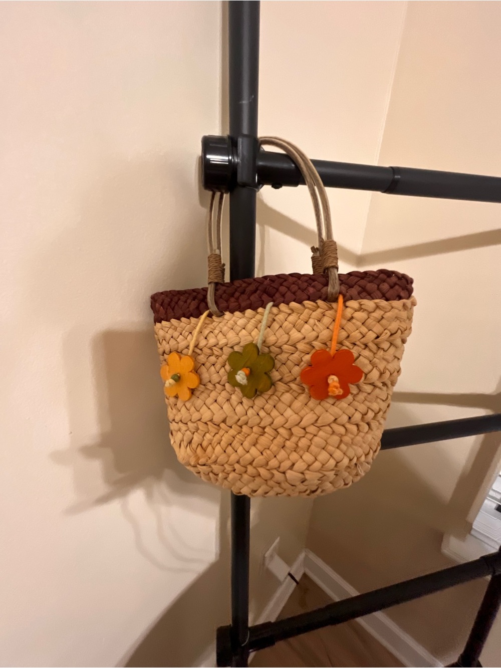 Woven Straw Tote with Floral Accents - Natural & Brown